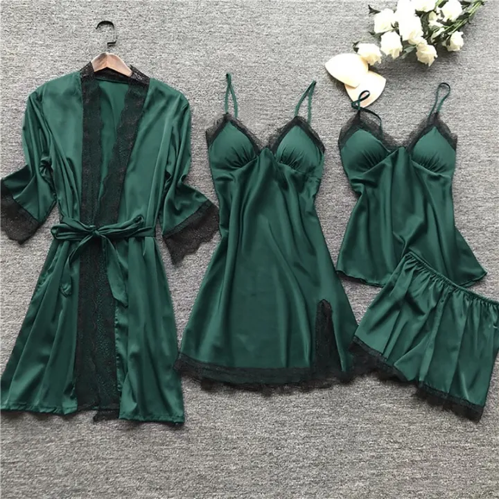 Women%20Pajamas%20Sets%20Satin%20Sleepwear%20Silk%204%20Pieces%20Nightwear%20Pyjama%20Spaghetti%20Strap%20Lace%20Sleep%20Lounge%20Pijama%20With%20ChPads%20-%20Image%205