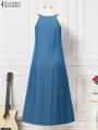 2024 PLUS SIZE ZANZEA Fashion Denim Long Dress Women Halter Swing Sundress Holiday Sleeveless Robe Casual Loose Maxi Dress.