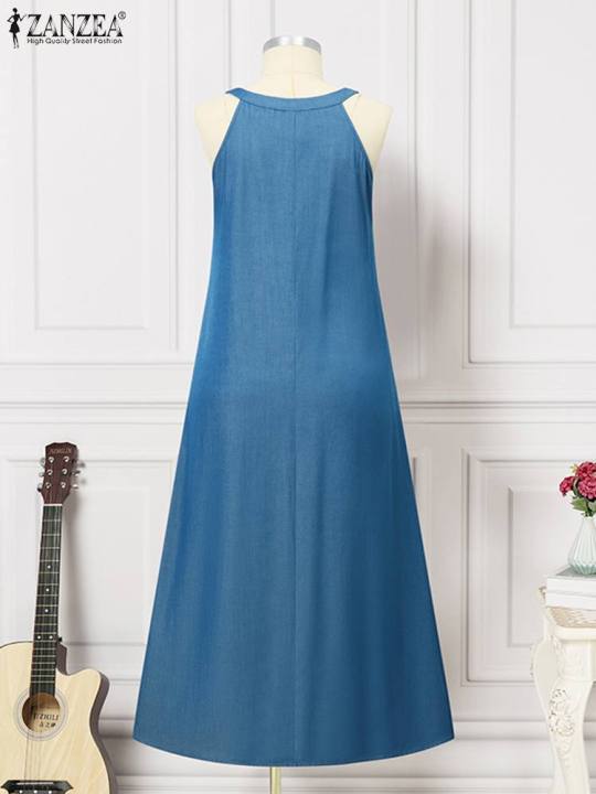 2024%20PLUS%20SIZE%20ZANZEA%20Fashion%20Denim%20Long%20Dress%20Women%20Halter%20Swing%20Sundress%20Holiday%20Sleeveless%20Robe%20Casual%20Loose%20Maxi%20Dress%20-%20Image%204