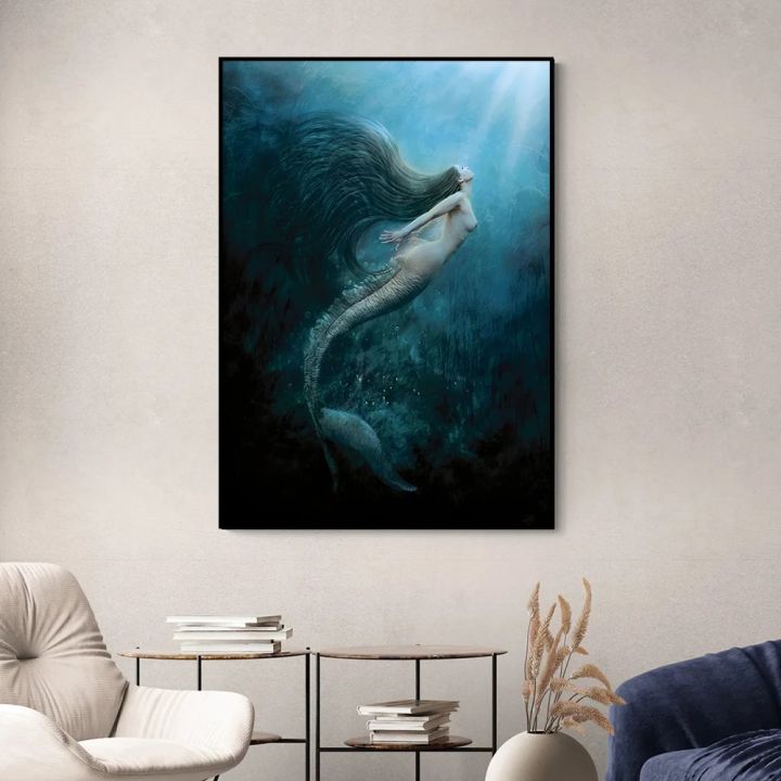 Siren%20Mermaid%20Fantasy%20Ocean%20Art%20Painting%20Print%20Canvas%20Poster%20Black%20Green%20Sea%20Underwater%20Cave%20Picture%20Living%20Room%20Home%20Wall%20Decor%20-%20Image%203