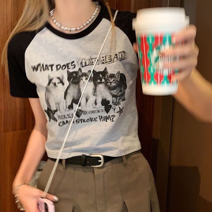Women T-Shirt Y2k Crop Tops Tees Cat Print Slim Graphic Summer Korean Fashion Harajuku Streetwear Short Sleeve Aesthetic Clothes