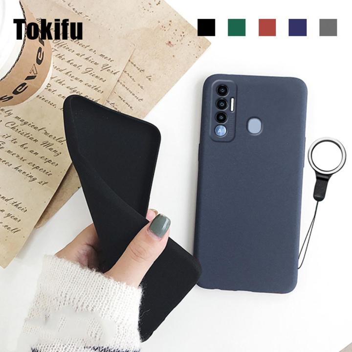 Tokifu For Tecno Spark 7 Pro Back Cover Matte Simple Solid Color Soft Silicone TPU Case +Lanyard