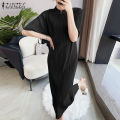 ZANZEA Womens Chinese Style Elegant Plain Short Sleeve Slims Fit Pleated Midi Shift Dresses #11. 