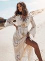 Long Dress Women Boho Lace Maxi Dress Summer Beach Holiday White Wedding Dresses Ladies Retro V Neck Sundress Ropa Mujer. 