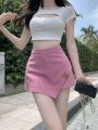 Hong Kong Style Pure Pink Skirt Women's Summer Design IrregularAWord SkirtinsHot Girl Short Skirt High Waist Skirt.