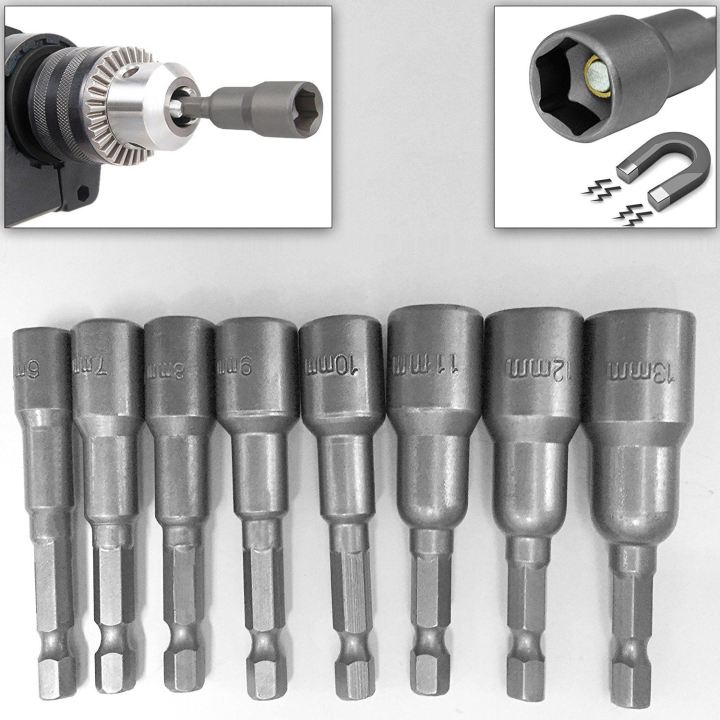 8pcs%201/4%20inch%20Hex%20Magnetic%20Nut%20Driver%20Socket%20Set%20Metric%20Impact%20Drill%20Bits%206%20to%2013mm%20Adapter%20-%20Image%202