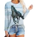 3D Digital Printing Long Sleeve Top Lady New Spring Summer Clothes O-Neck Horse Head Printed T-shirts Casual Loose Funny Tees.