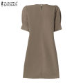 ZANZEA Korean Style Women Holiday Party Solid Mini Dresses Office Work Puff Sleeve Sundress #10. 