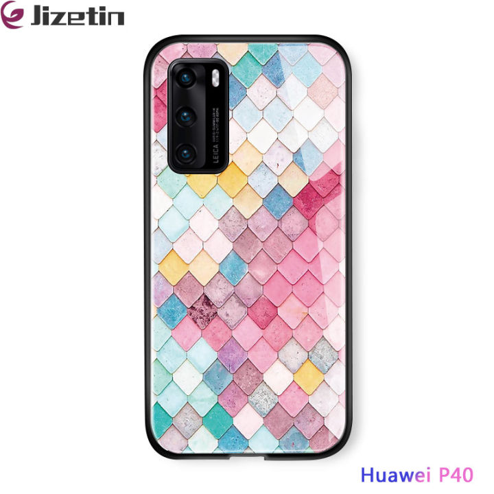 Jizetin%20for%20Huawei%20P40%20Glass%20Back%20Cover%20Decorative%20Pattern%20Glossy%20Tempered%20Glass%20Shockproof%20Soft%20Edge%20Phone%20Cases%20-%20Image%202