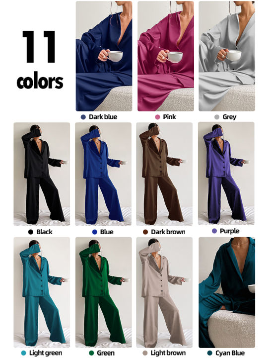 Low%20Cut%20Fashion%20Pajamas%20Set%20For%20Women%20Loose%20Casual%20Long%20Sleeve%20Trouser%20Suits%20Solid%20Satin%20Silk%20Female%20Home%20Fitted%20Tops%202-Pce%20-%20Image%207