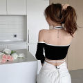 Jumperjuser-Female Crop Tops, Off Shoulder Long Sleeve Fake Two Pieces T-Shirt Blouse for Spring Summer, Gray/Black.