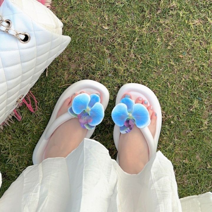 【sought-after】 Comfortable Phalaenopsis Flower Women Herringbone Slippers INS Style Anti-slip Summer Beach Shoes EVA Outdoor Indoor Slide Sandals Women
