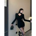 Hot Girl V Collar Long Sleeve Hip Skirt Women's Pleated Halter Fur Ball Design Dress Inner Wear Bottoming Skirt Short Skirt.