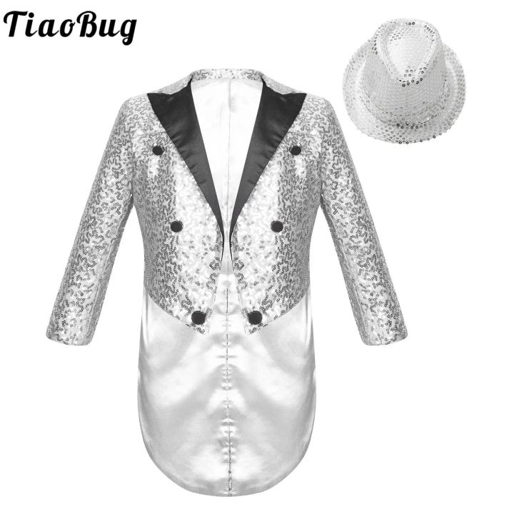 Kids Boys Sequin Lapel Blazer Tuxedo Coat Outfits Long Sleeve Magic Shows Tailcoat Jacket Halloween Circus Magician Costume