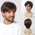 Bob Pixie Cut Wig for Men Light Brown Short Straight Synthetic Layered Wig with Bangs Natural Looking Hair for Cosplay Daily. 
