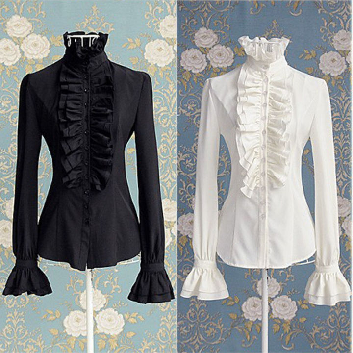 Fashion%20Autumn%20Tops%20Victorian%20Womens%20Tops%20Ruffles%20Long%20Sleeve%20Frill%20Solid%20Color%20OL%20Office%20Shirt%20Frilly%20Cuffs%20High%20Neck%20Blouse%20-%20Image%203