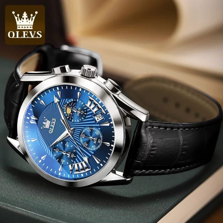 olevs leather waterproof quartz fashion watch for men