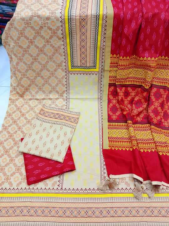 Premium Quality (VIP Block) Orbindu Cotton Block Printed Cotton Unstitched Three Piece for Women-Design-6