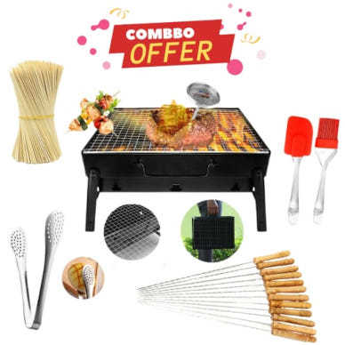 Combo 5-In-1 Offer BBQ Machine+12 Pieces BBQ Stick+2 Pieces Silicone Oil Brush+Steel Food Clip+Bamboo Shashlik Stick 8 inch 1 Pack