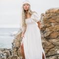 Maxi Dresses For Women 2022 Elegant Square Neck Smocked Summer White Dress Short Puff Sleeve Vacation Beach Long Casual Dress.