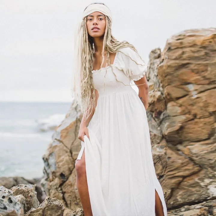Maxi%20Dresses%20For%20Women%202022%20Elegant%20Square%20Neck%20Smocked%20Summer%20White%20Dress%20Short%20Puff%20Sleeve%20Vacation%20Beach%20Long%20Casual%20Dress%20-%20Image%203