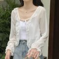 For Women Fairy Thin Long Sleeves Female Wraps Chiffon Summer Wrapped Poncho Lace Cardigan Sunscreen Shawl Short Top Coat Shawl.