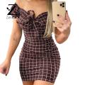 Zentora Party Dress Casual Plaid Print Off Shoulder Bodycon Dress. 