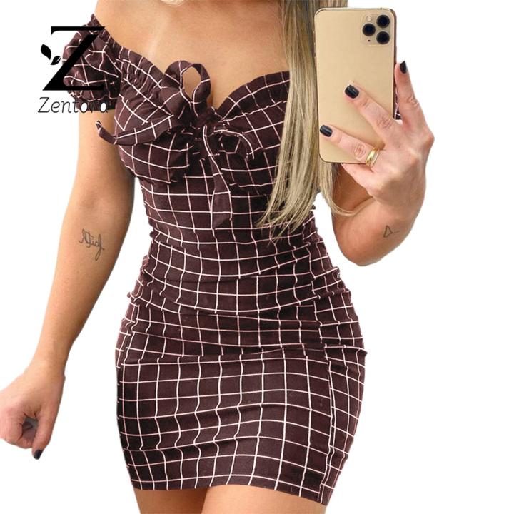Zentora Party Dress Casual Plaid Print Off Shoulder Bodycon Dress