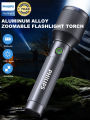 PHILIPS 24W Zoomable LED Flashlight Torch 1100LM, 3000mAh Rechargeable Torch Light, Aluminum Alloy Handheld Flash Light for Home, Camping, Hiking, Emergency. 