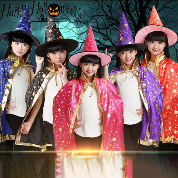 Kids Witch Halloween Costumes Wizard Cloak Cape with Pointed Hat Set Anime Cosplay Carnival Party ||Girls Boys Magician Outfit LaoXzhongX