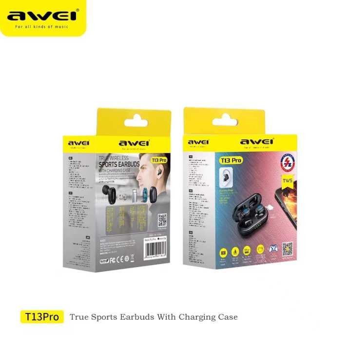AWEI T13 Pro Bluetooth Earphones Wireless Waterproof Touch Earbuds Hifi Sound Quality TWS Earphone - Black