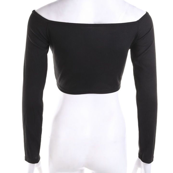 New%20Women's%20Long%20Sleeve%20T-shirt%20Summer%20Fashion%20Casual%20%20Off%20Shoulder%20Cropped%20Top%20Solid%20Color%20-%20Image%207