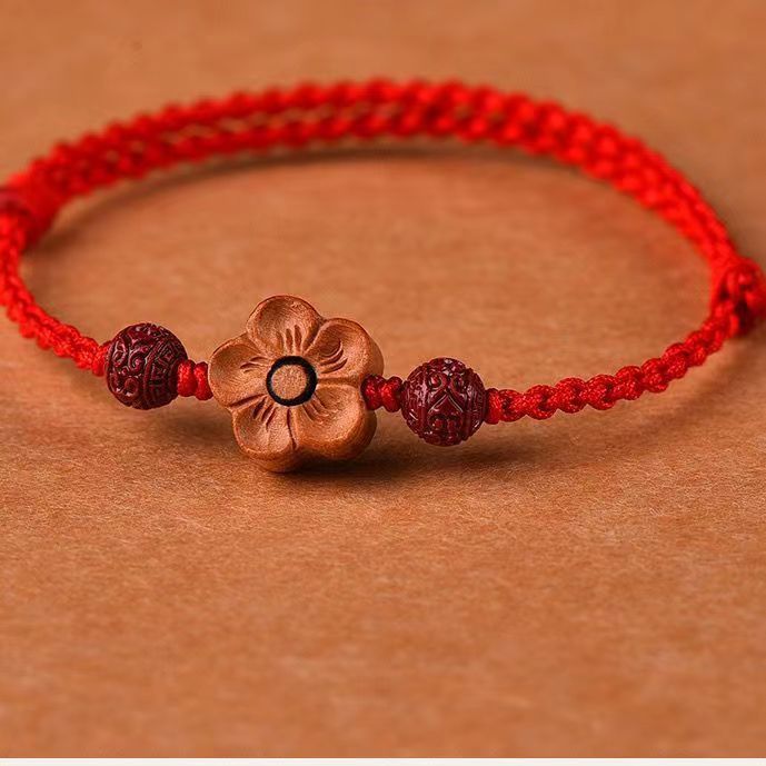 Cinnabar small peach blossom red rope bracelet peach wood protective ...