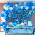 Happy Birthday Decoration Combo Pack – Blue Backdrop Foil Curtain, Light Blue Paper Birthday Banner With Metallic Balloons. 
