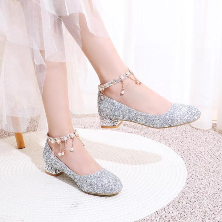 Children's Princess Shoes Girls High Heel Leather Shoes Girls Piano Performance Crystal Shoes Students Host Wedding Shoes Middle and Big Children