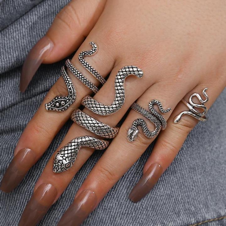4Pcs/Set Fashion Punk Finger Ring Metal Cute Vintage Snake Rings Women  Bohemia Ladies Gothic Party Jewelry Accessories