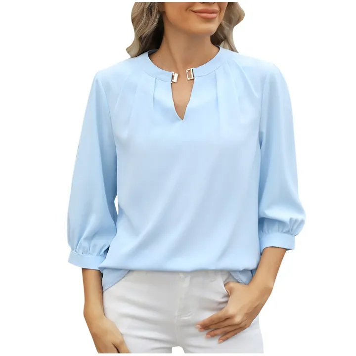 Female%20cloths%20Tops%20for%20Women%20Trendy%20Casual%20Basic%20T%20Shirts%20Light%20weight%2034%20Sleeve%20Solid%20V%20Neck%20Tees%20Blouses%20Clearance%20Sales%20-%20Image%206