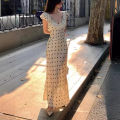 Temperament celebrity lace V-neck hollow polka dot dress women's 2024 new spring and summer waist slim long skirt. 