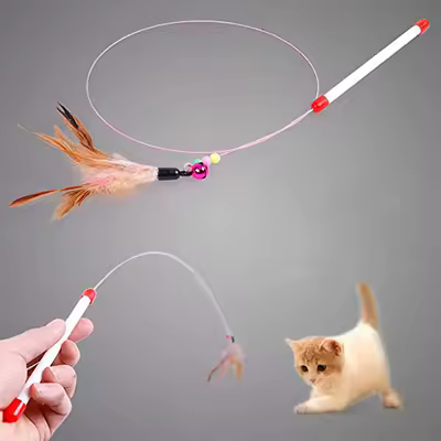 1pc Cat Toy Stick Feather Wand With Bell Toys Plastic Artificial Colorful Cat Teaser Toy