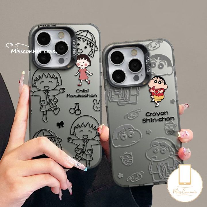 MissConnie Cartoon Anime Chibi Maruko-chan Phone Case Compatible for IPhone 11 13 14 12 15 Pro Max XS Max XR 15Plus Cute Crayon Shin-chan Luxury Plating Metal Button Soft Shockproof Cover