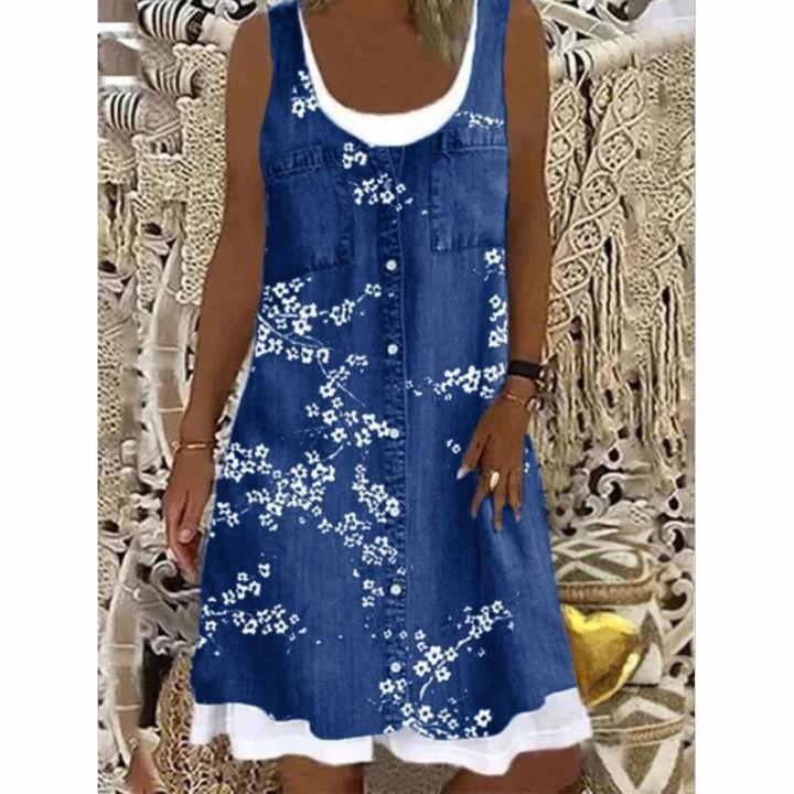 Midi%20Dress%20Ladies%20Shirt%20Dresses%20Plus%20Size%20Womens%20%20Two%20Piece%20Denim%20Print%20Casual%20Dress%20Sleeveless%20-%20Image%207
