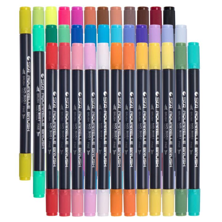 STA Aquarelle Dual Tip Fine Liner Brush Pen Non-Toxic Water Based Ink 36 pcs