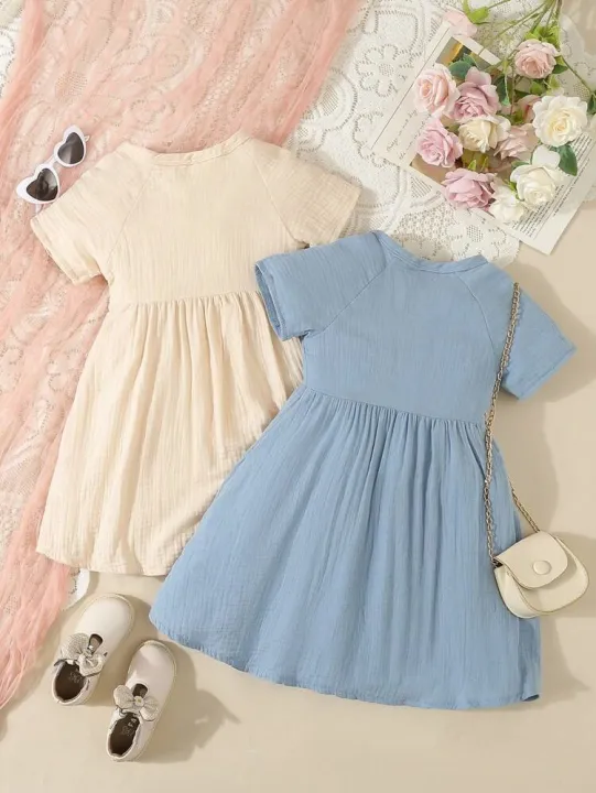 Kid%E2%80%99s%20Young%20Girl%20Comfortable%20Casual%20Solid%20Color%20Round%20Neck%20Short%20Sleeve%20Pleated%20Shirt%20Dress,%20Suitable%20for%20Children%E2%80%99s%20Elegant%20Dress%20-%20Image%207