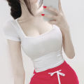 Women's New Short Midriff Outfit Slim-Fit Sexy Figure Flattering T T-shirt Low-Cut Square Collar Show Chest Large Upper Garment. 
