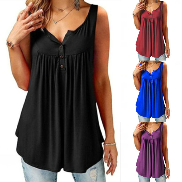 Hot%20Women%20Tank%20Top%20Loose%20Solid%20U%20Neck%20Female%20Camisole%20Sleeveless%20Pleated%20Tank%20Top%20Ladies%20Button%202020%20summer%20women%20Loose%20Vest%20-%20Image%202