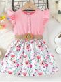 【Happy childhood memories】(New) frock dress kids summer baby girl 4-7years fluttering sleeve linen belt multi color selection floral print soft breathable infant baby clothing dresses.