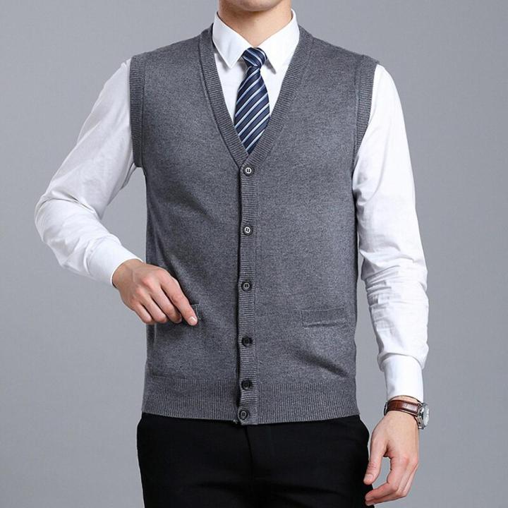 Men Flat Knit Vest 6.5% Wool Sleeveless Sweater Jacket Buttons Down Pockets V Neck Solid Basic Cardigan Male Fashion 00169069