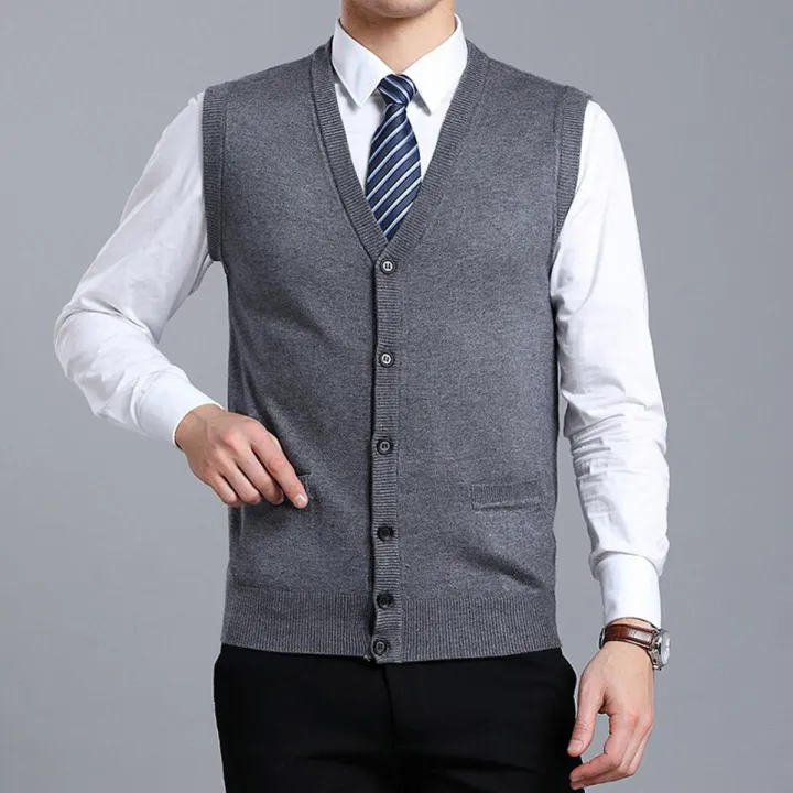 Men Flat Knit Vest 6.5% Wool Sleeveless Sweater Jacket Buttons Down Pockets V Neck Solid Basic Cardigan Male Fashion 00169069
