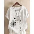 Women 's Summer Dandelion Butterfly Printed Short Sleeve Round Neck T-shirt Ladies Casual Linen Shirts Plus Size  Tops. 
