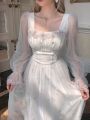 Autumn Spring White Mesh Fairy Dress Woman French Vintage Embroidery Floral Flare Sleeve Princess Prom Dresses Vestido Blanco. 